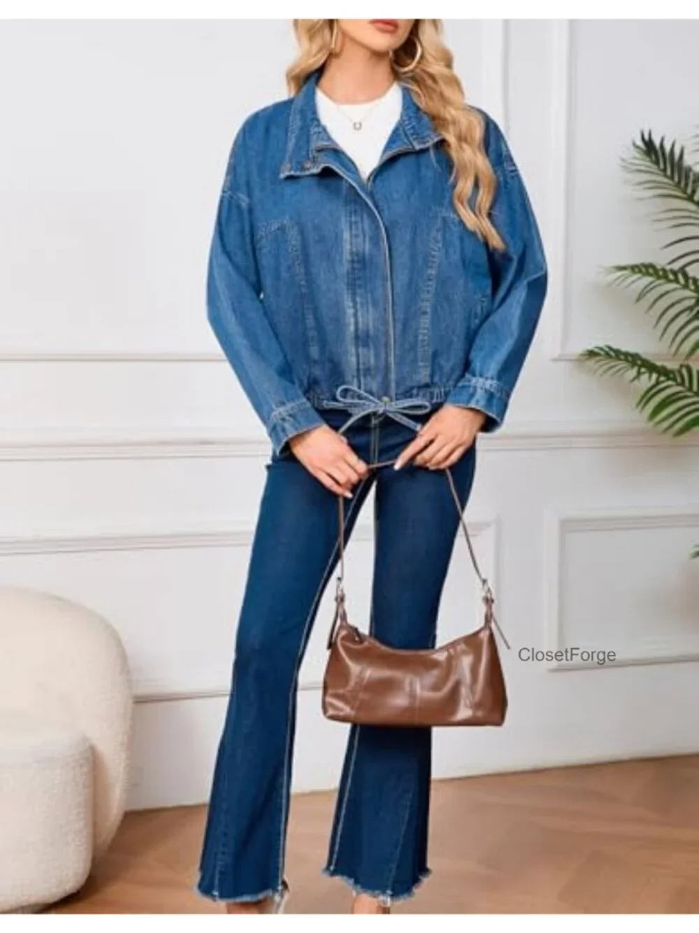Oversized Boyfriend Denim Bomber Jacket Long Sleeve Zip Up Shacket